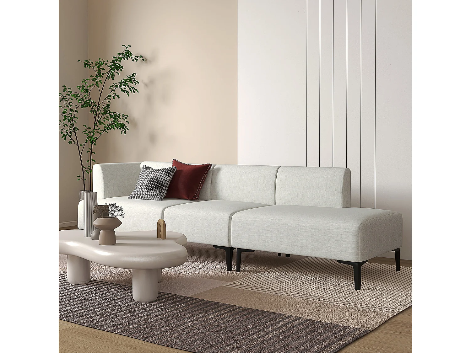 Canapé 3 places design contemporain modulable piètement acier noir tissu aspect lin blanc cassé