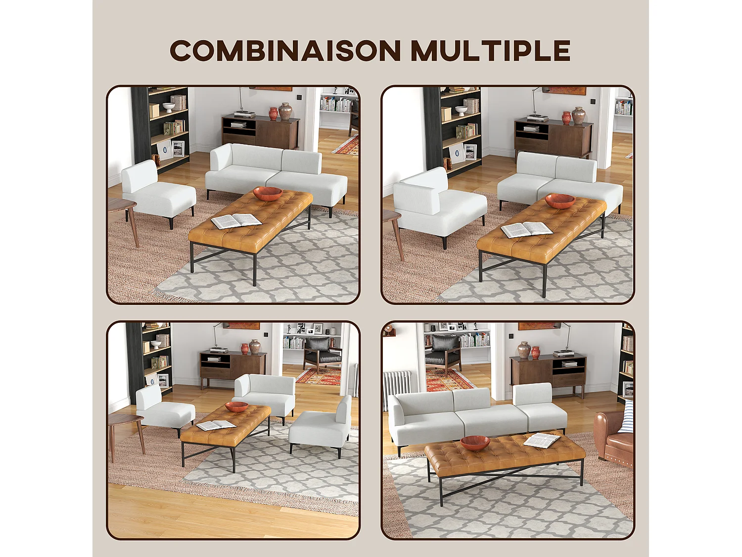 Canapé 3 places design contemporain modulable piètement acier noir tissu aspect lin blanc cassé