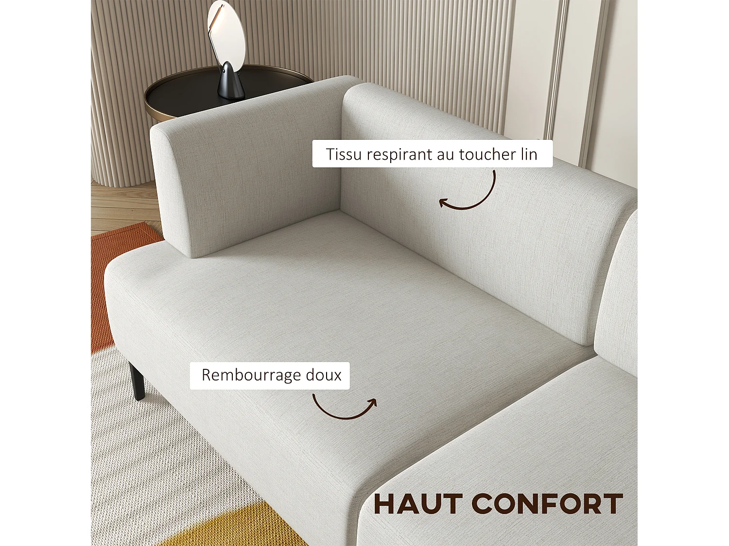 Canapé 3 places design contemporain modulable piètement acier noir tissu aspect lin blanc cassé