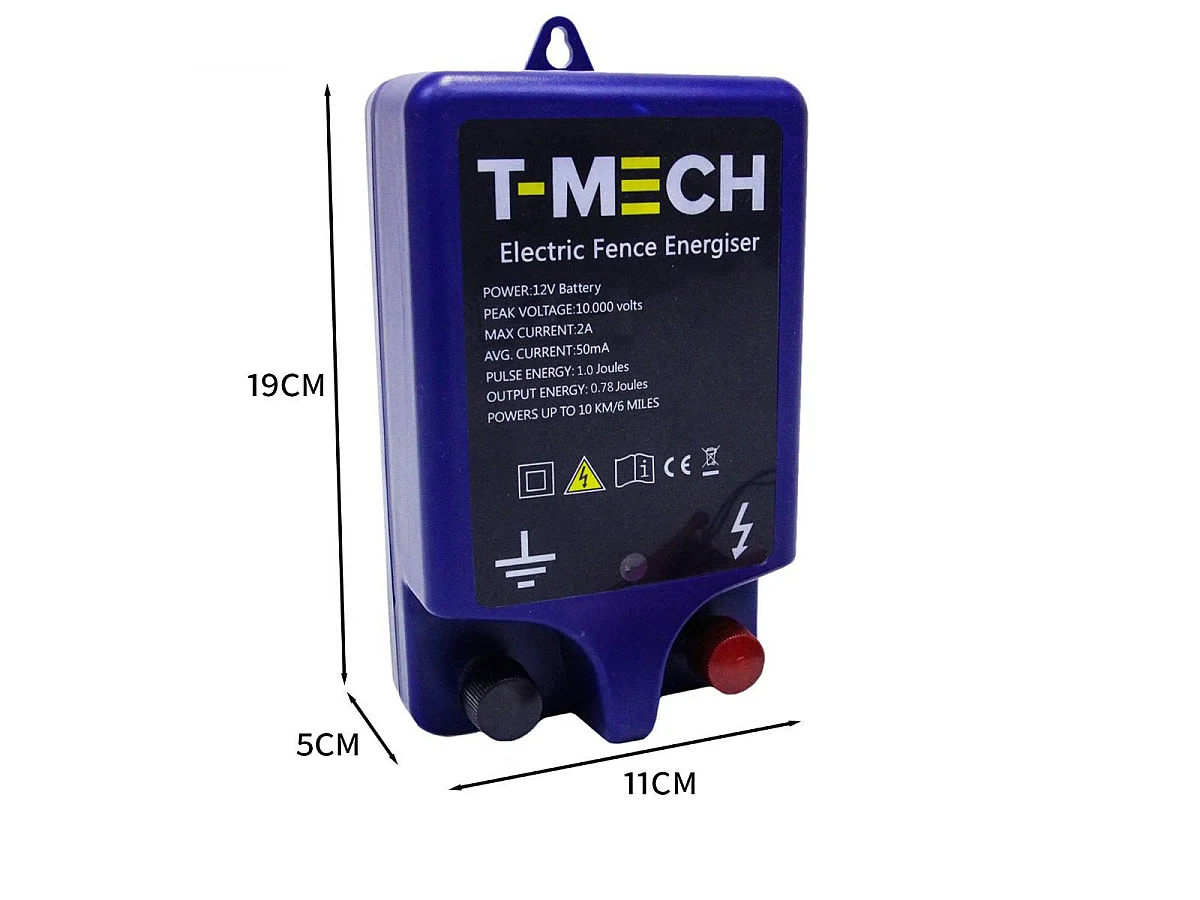 T-Mech - Elettrificatore per Recinzioni per Animali 10000 volt Alimentato a Batteria 12v Copertura 10km per Pollame, Bestiame, Pecore, Maiali, Cavalli e Cervi