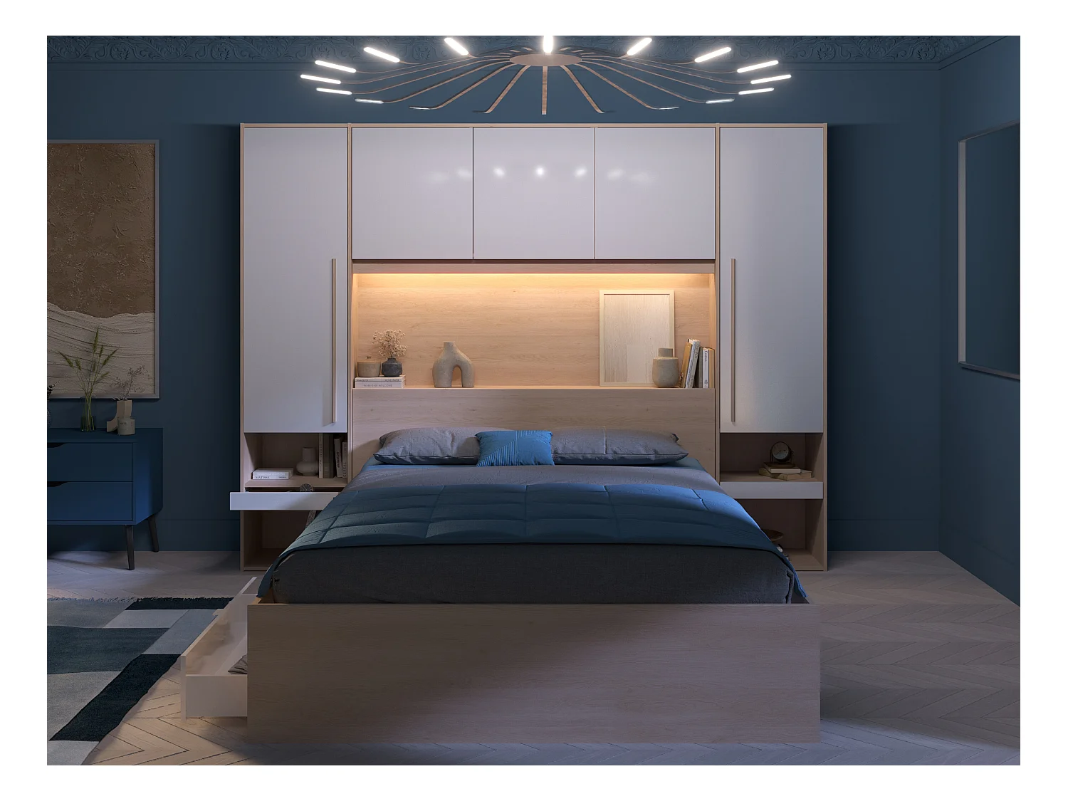 Łóżko z zabudową i schowkami 160 x 200 cm - z oświetleniem LED - Naturalny i biały z połyskiem - VELONA