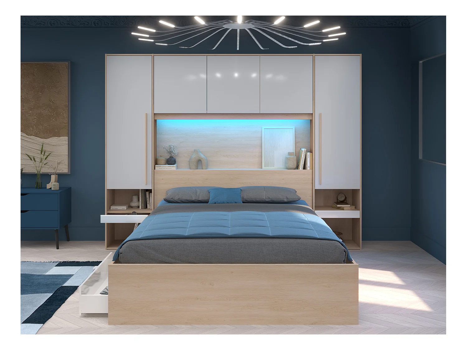 Łóżko z zabudową i schowkami 160 x 200 cm - z oświetleniem LED - Naturalny i biały z połyskiem - VELONA
