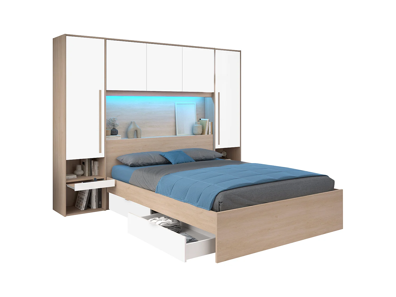 Lit pont 160 x 200 cm avec rangements - avec LEDs - Coloris : Naturel et blanc brillant - VELONA
