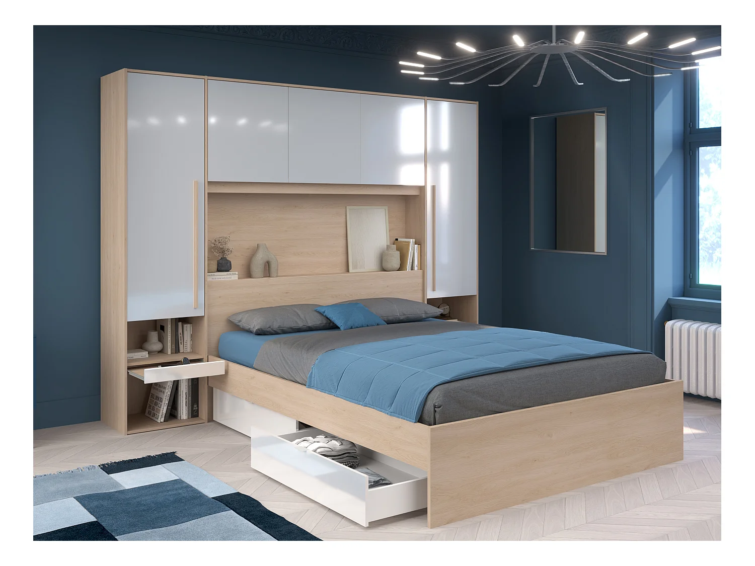 Lit pont 160 x 200 cm avec rangements - avec LEDs - Coloris : Naturel et blanc brillant - VELONA