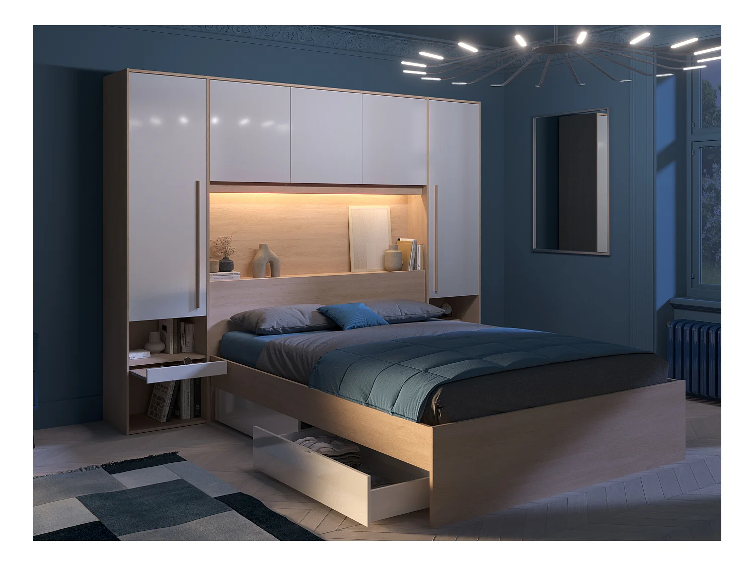 Lit pont 160 x 200 cm avec rangements - avec LEDs - Coloris : Naturel et blanc brillant - VELONA