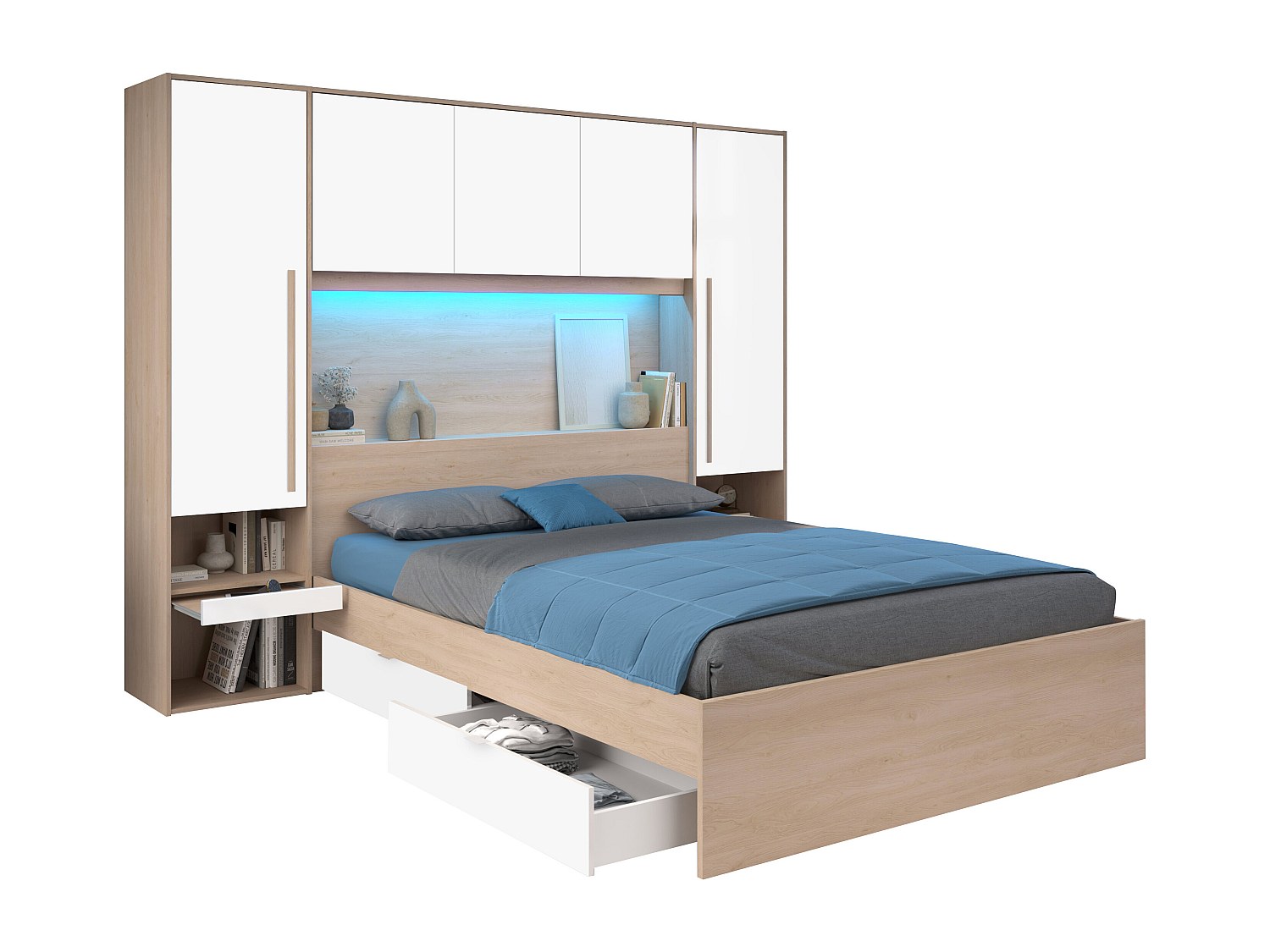 Bett mit Stauraum 160 x 200 cm mit LED-Beleuchtung - Holzfarben & glänzend günstig online kaufen