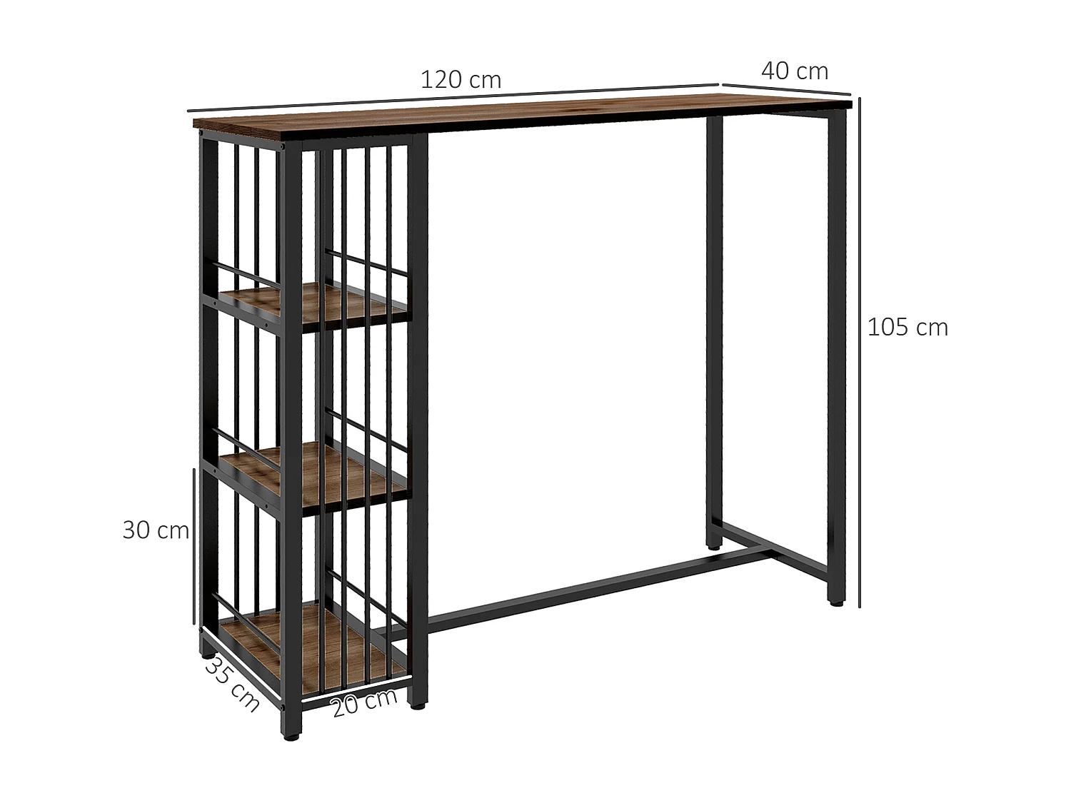 Table de bar 3 étagères style industriel acier noir aspect panneaux aspect bois