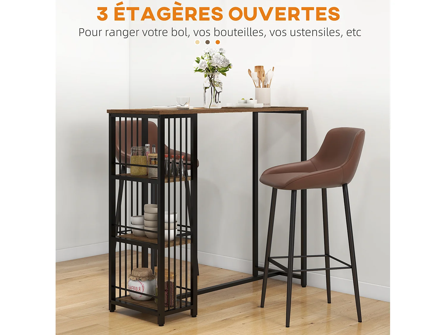 Table de bar 3 étagères style industriel acier noir aspect panneaux aspect bois
