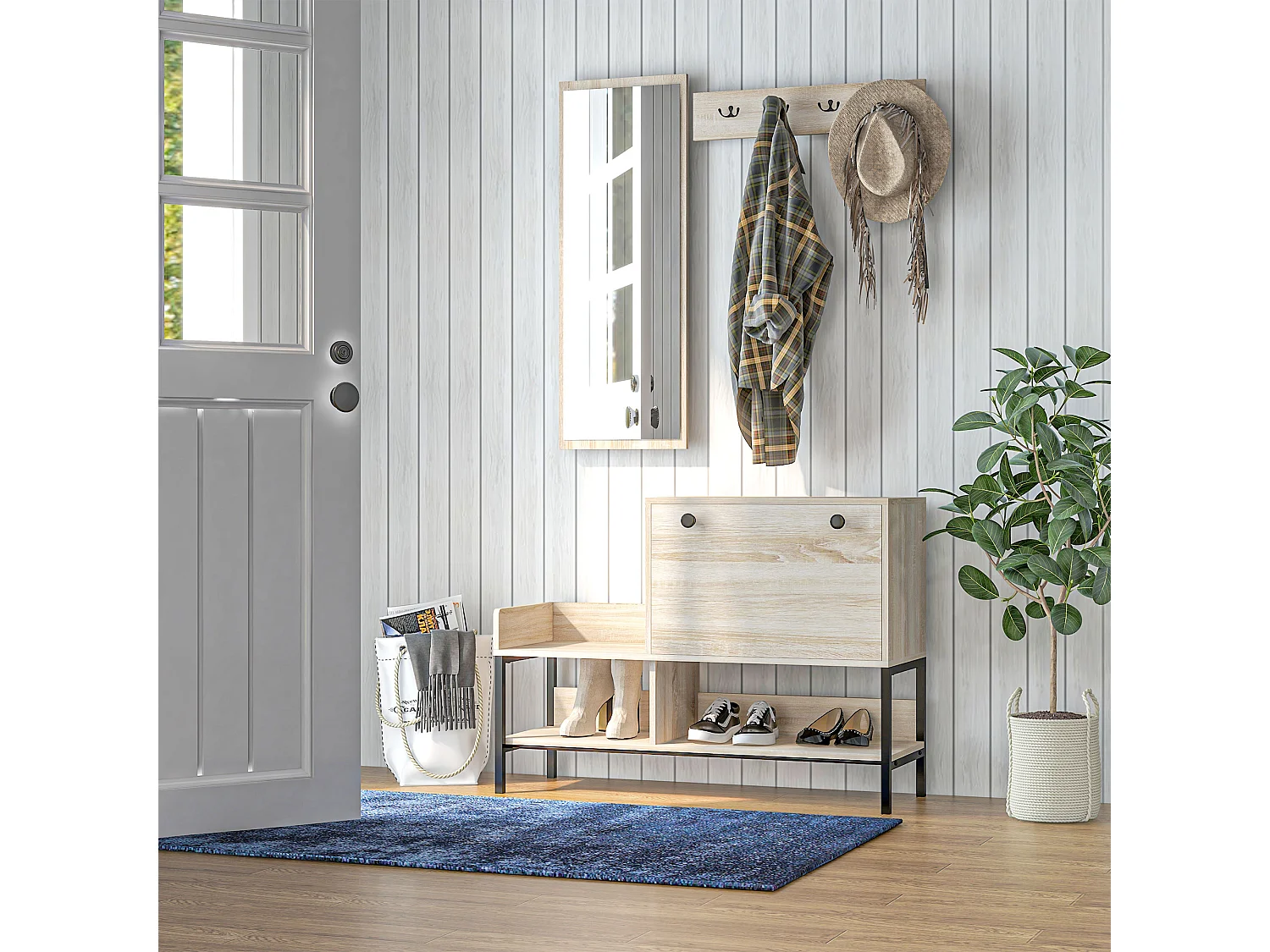 Ensemble de meubles d'entrée - organisateur d'entrée - meuble à chaussures, 4 patères doubles, 3 étagères - noir aspect chêne clair