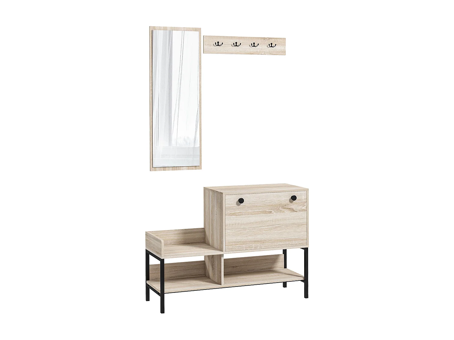 Ensemble de meubles d'entrée - organisateur d'entrée - meuble à chaussures, 4 patères doubles, 3 étagères - noir aspect chêne clair