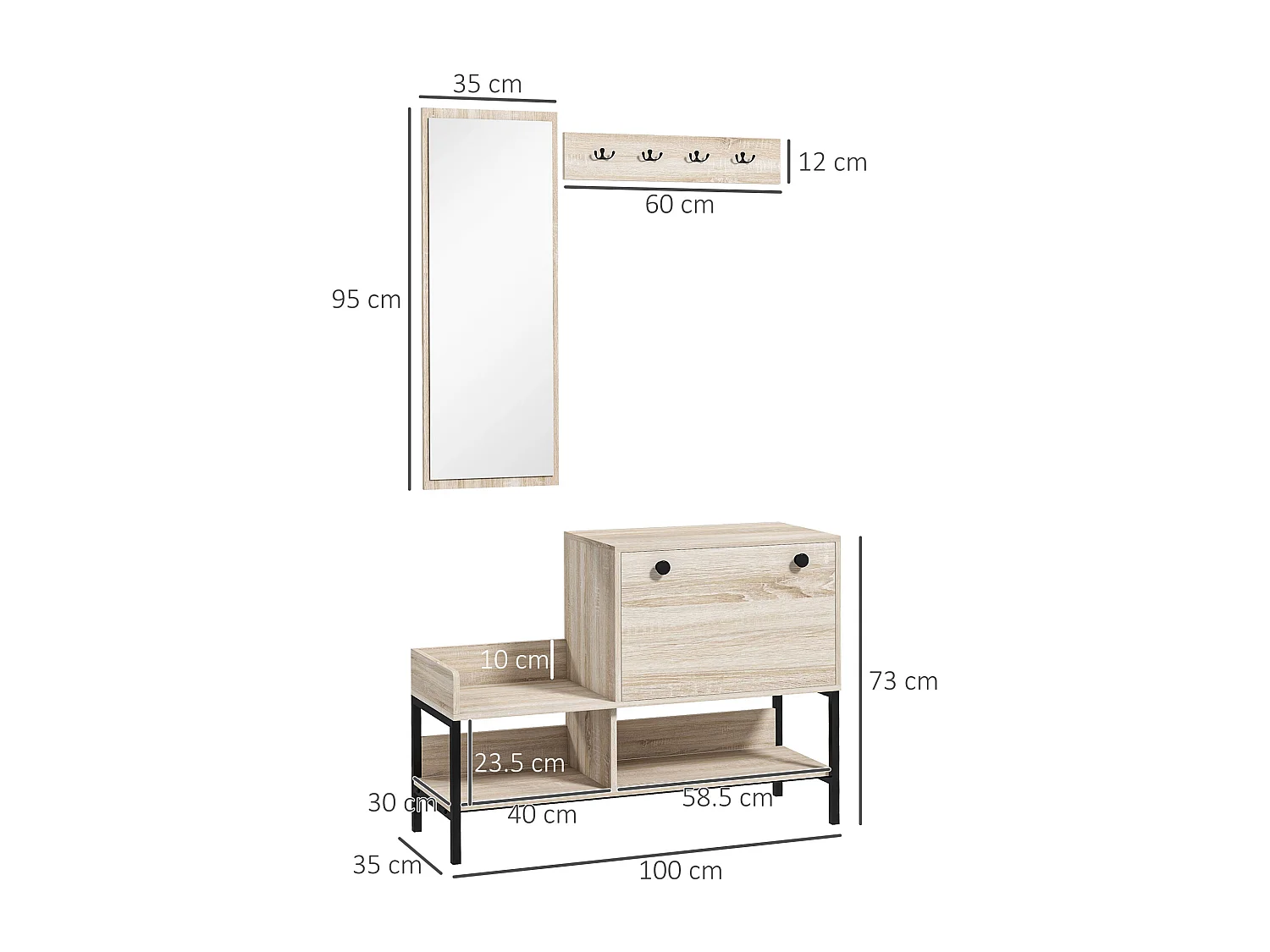 Ensemble de meubles d'entrée - organisateur d'entrée - meuble à chaussures, 4 patères doubles, 3 étagères - noir aspect chêne clair