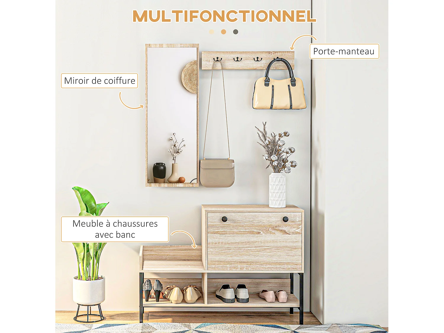 Ensemble de meubles d'entrée - organisateur d'entrée - meuble à chaussures, 4 patères doubles, 3 étagères - noir aspect chêne clair