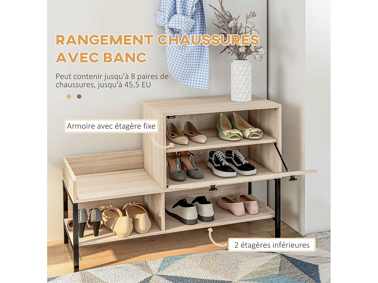 Ensemble de meubles d'entrée - organisateur d'entrée - meuble à chaussures, 4 patères doubles, 3 étagères - noir aspect chêne clair