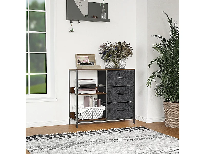 Meuble de rangement commode design - 3 tiroirs, 2 étagères - métal MDF non tissé anthracite