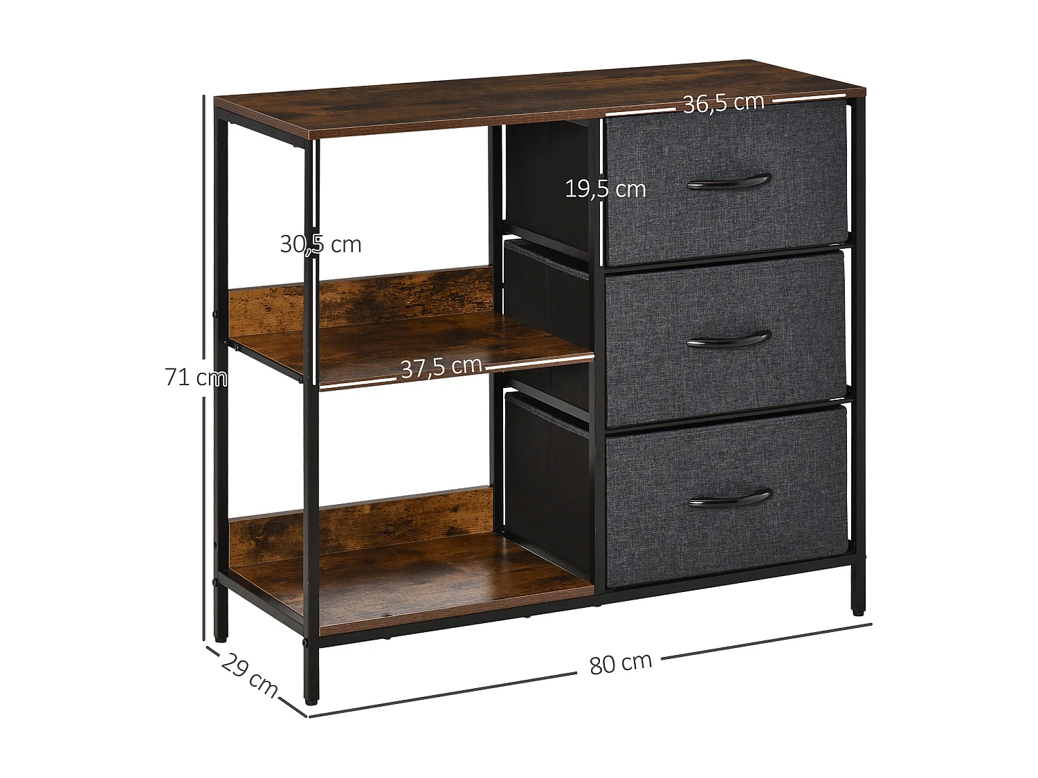Meuble de rangement commode design - 3 tiroirs, 2 étagères - métal MDF non tissé anthracite