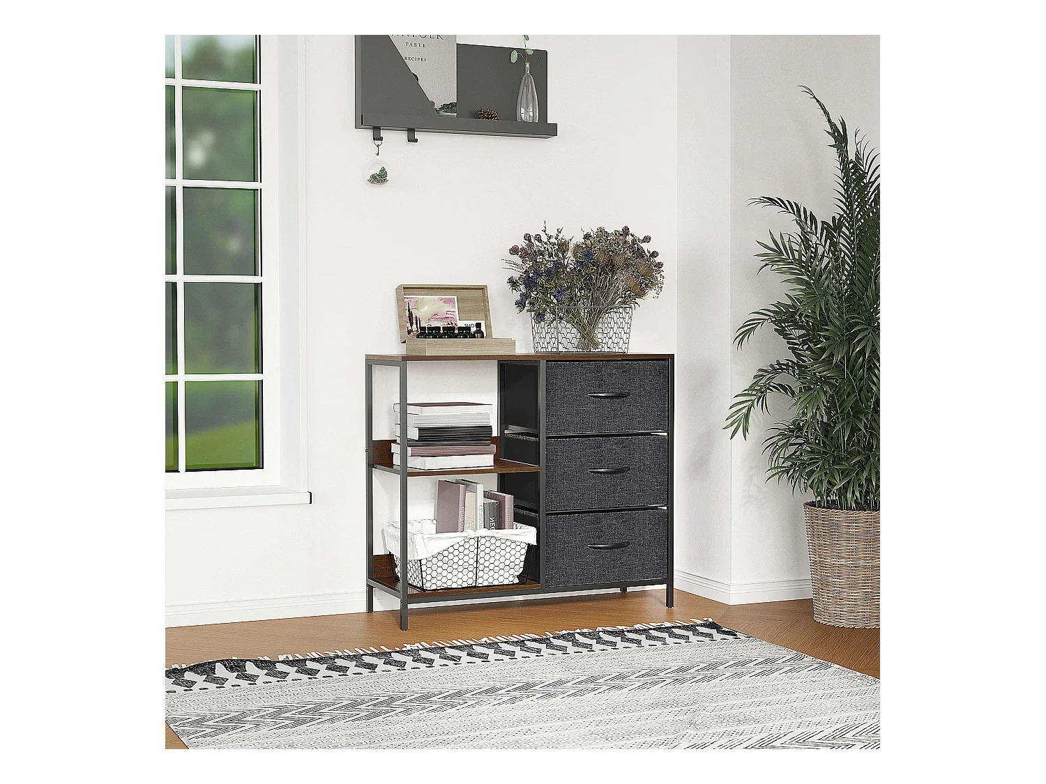 Meuble de rangement commode design - 3 tiroirs, 2 étagères - métal MDF non tissé anthracite