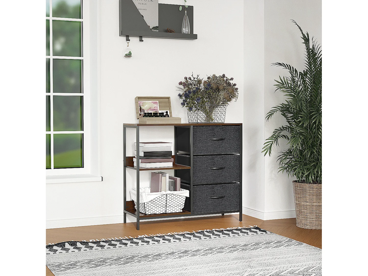 Meuble de rangement commode design - 3 tiroirs, 2 étagères - métal MDF non tissé anthracite