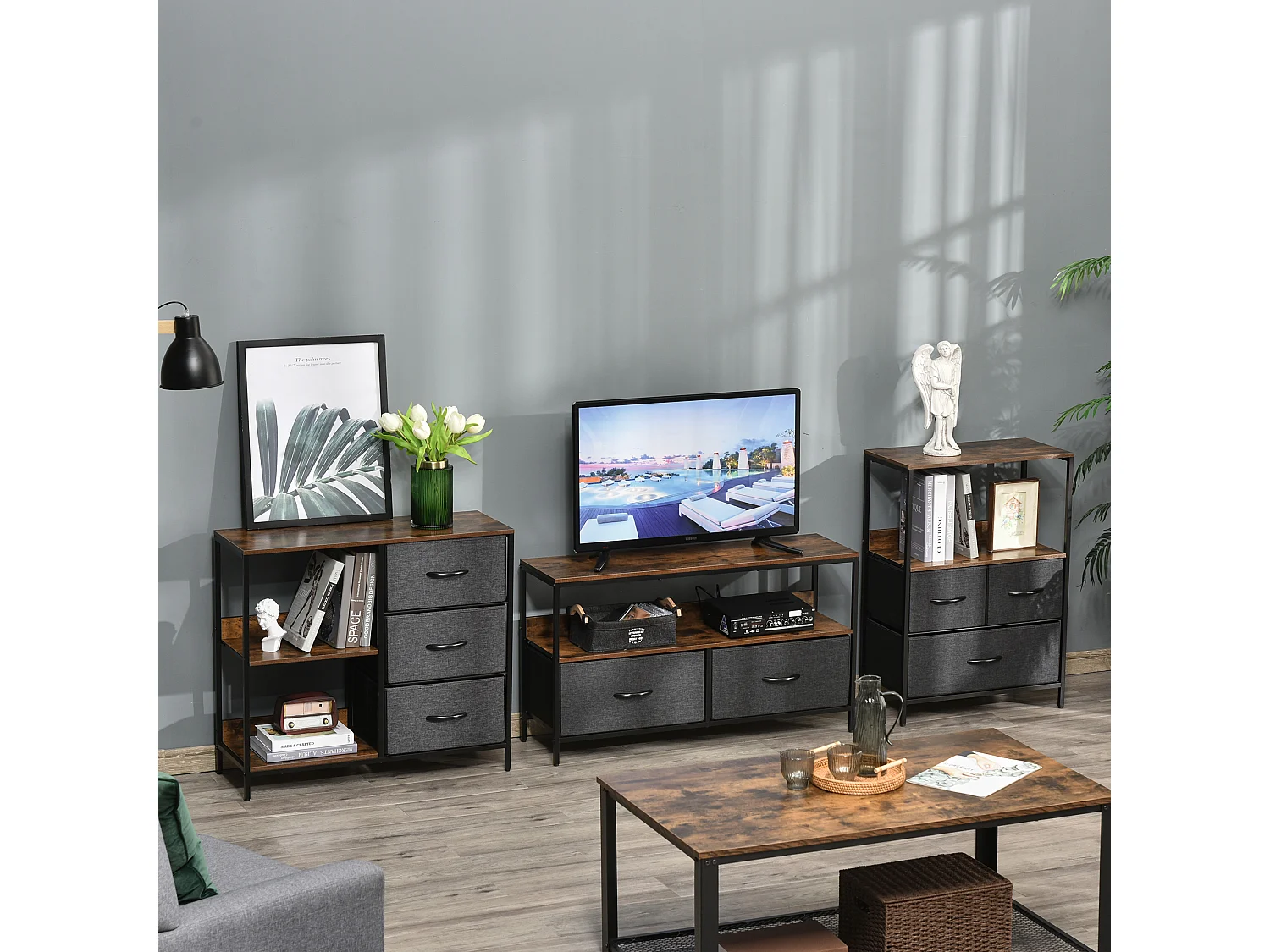 Meuble de rangement commode design - 3 tiroirs, 2 étagères - métal MDF non tissé anthracite