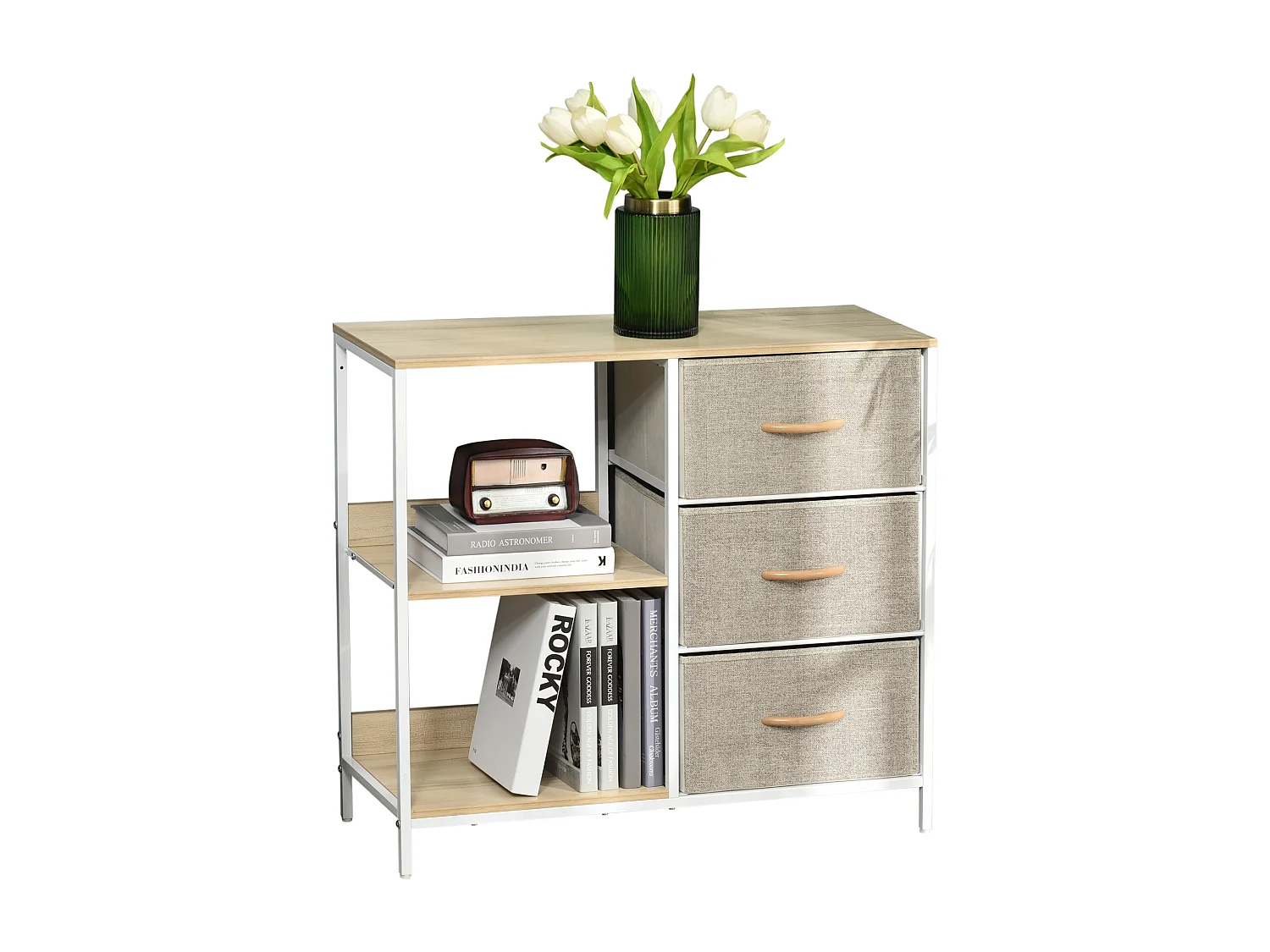 Meuble de rangement commode design - 3 tiroirs, 2 étagères - métal MDF non tissé beige