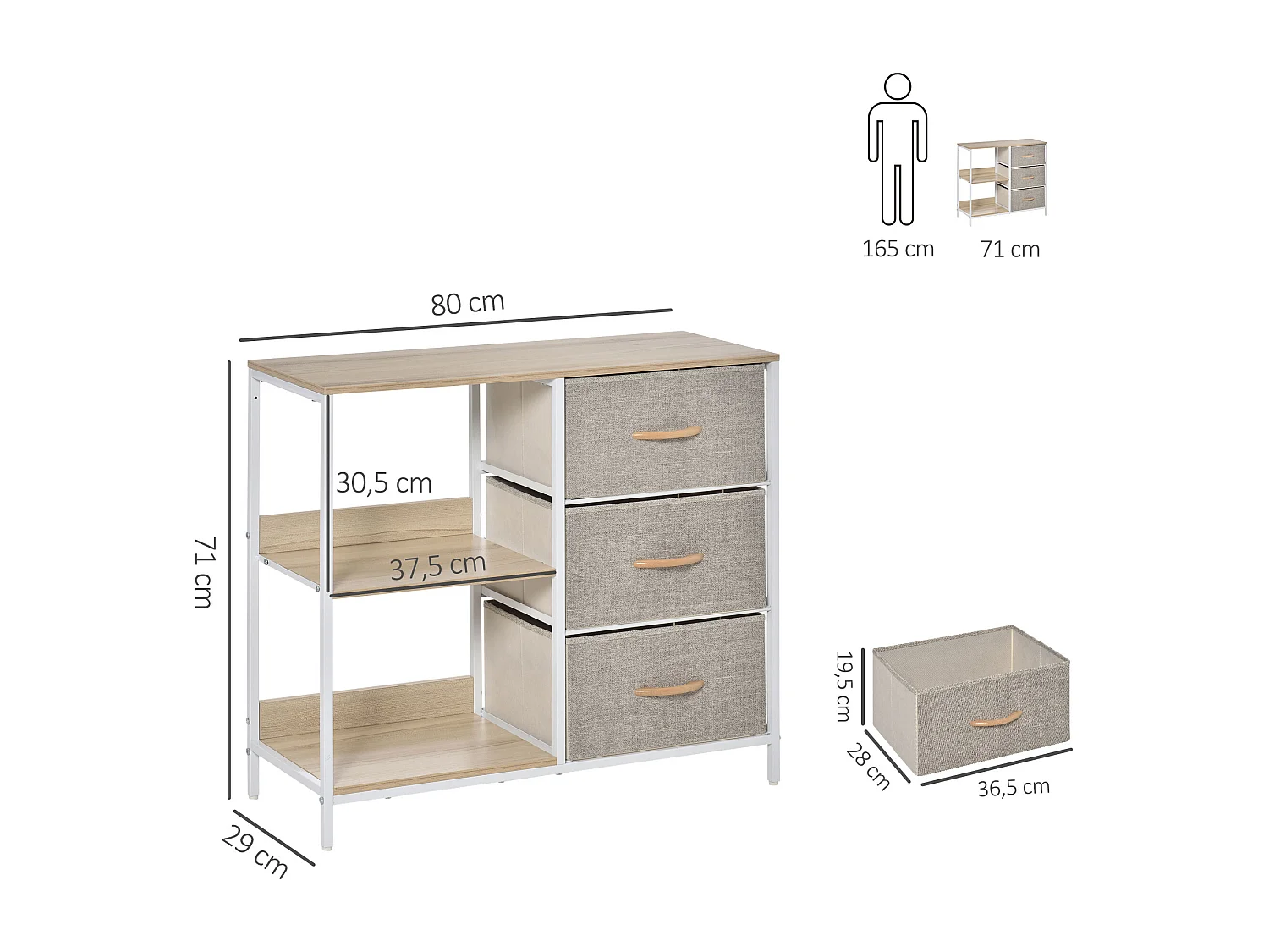 Meuble de rangement commode design - 3 tiroirs, 2 étagères - métal MDF non tissé beige
