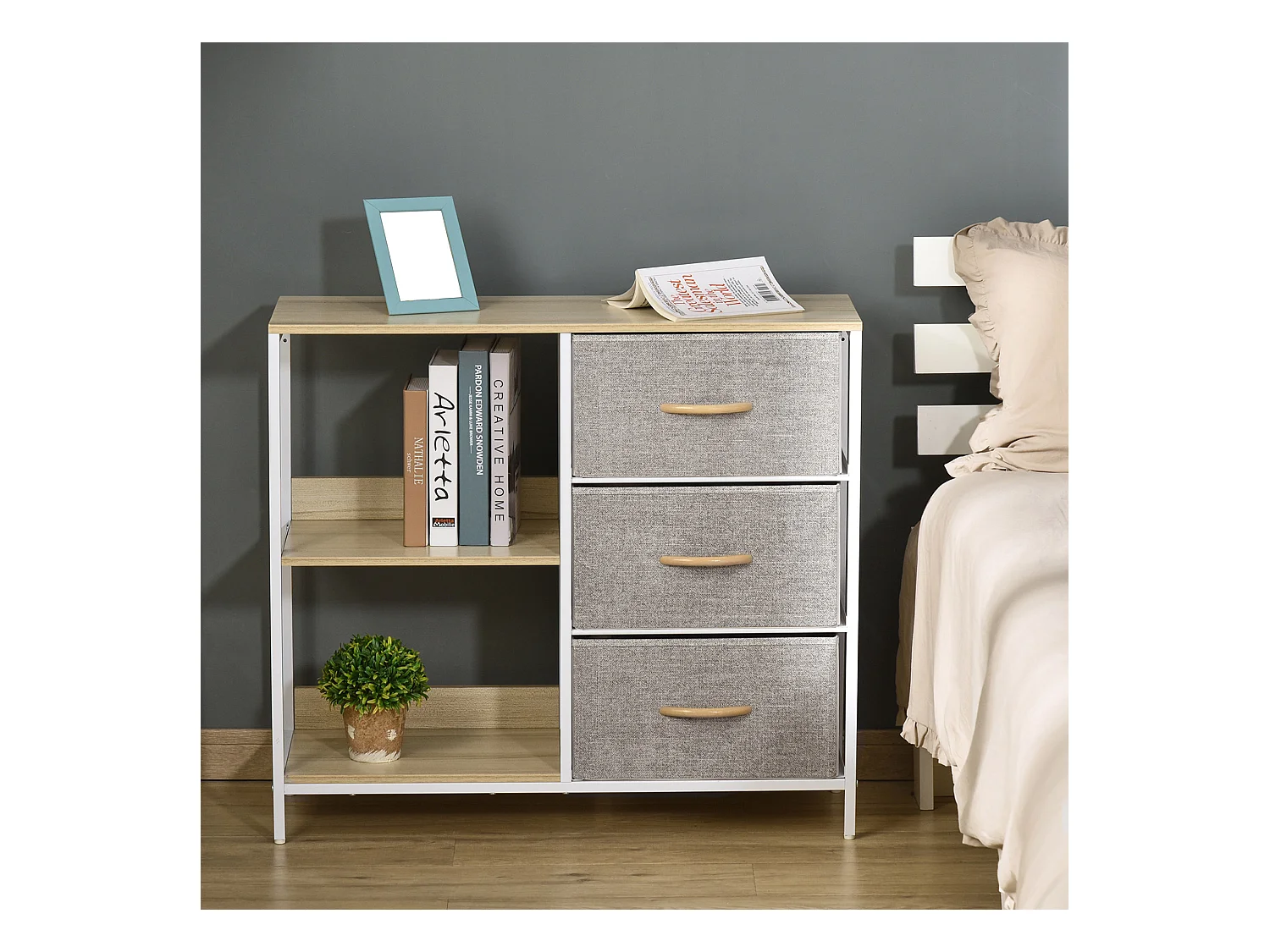 Meuble de rangement commode design - 3 tiroirs, 2 étagères - métal MDF non tissé beige