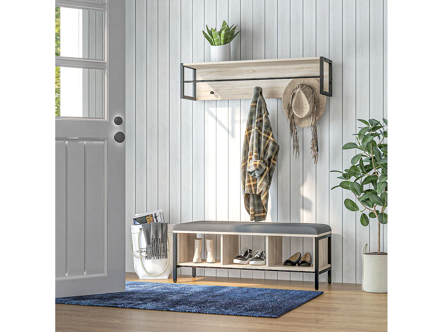 Porte-manteau mural vestiaire d'entrée banc à chaussures 3 compartiments 3 patères barre penderie acier noir aspect chêne clair