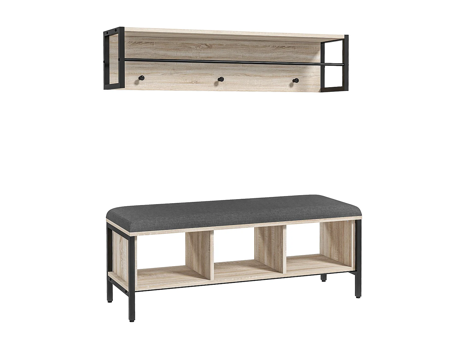 Porte-manteau mural vestiaire d'entrée banc à chaussures 3 compartiments 3 patères barre penderie acier noir aspect chêne clair