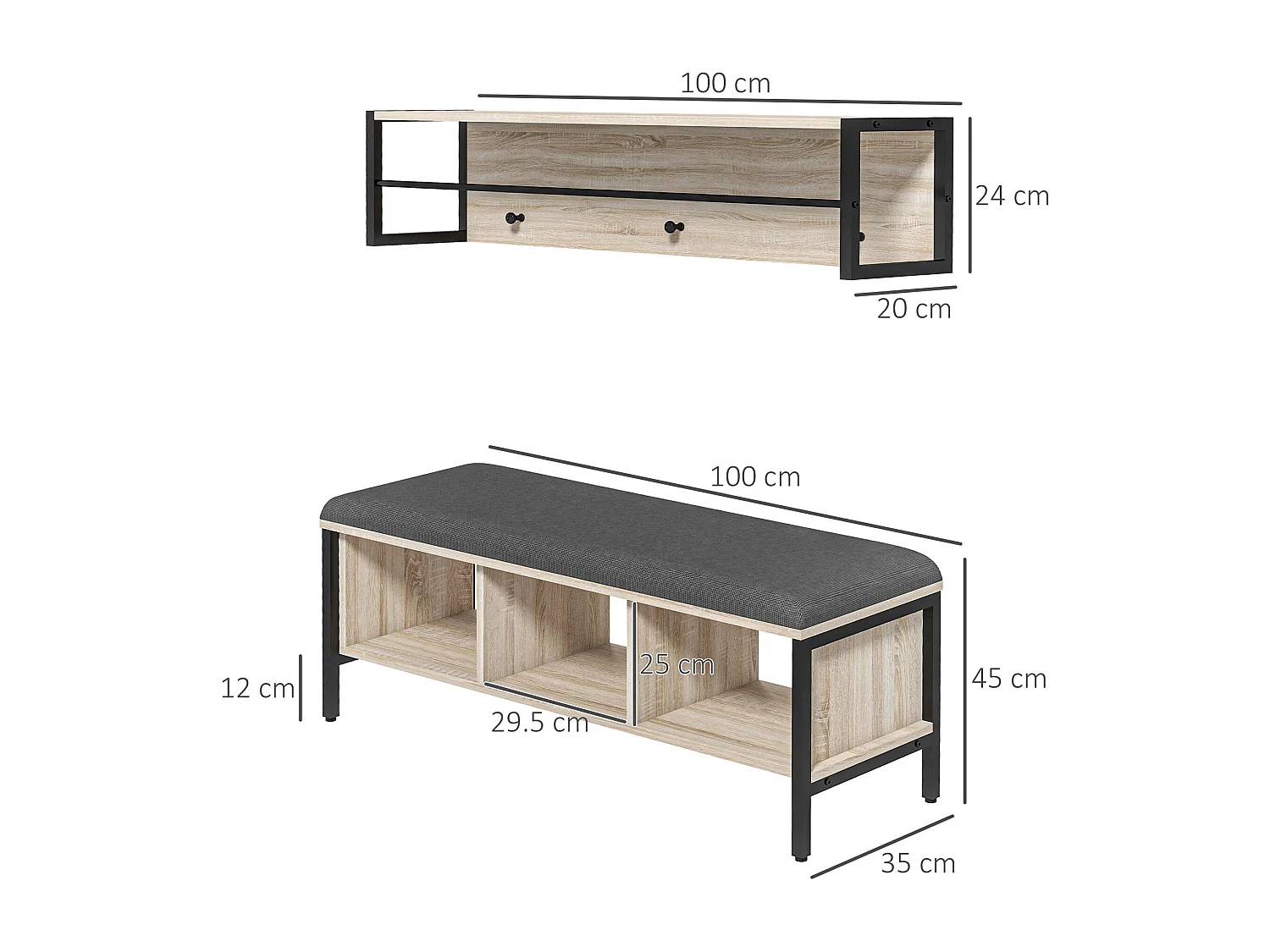 Porte-manteau mural vestiaire d'entrée banc à chaussures 3 compartiments 3 patères barre penderie acier noir aspect chêne clair