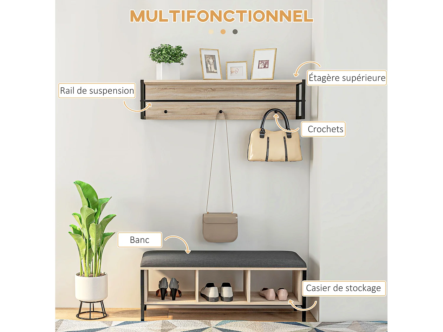 Porte-manteau mural vestiaire d'entrée banc à chaussures 3 compartiments 3 patères barre penderie acier noir aspect chêne clair