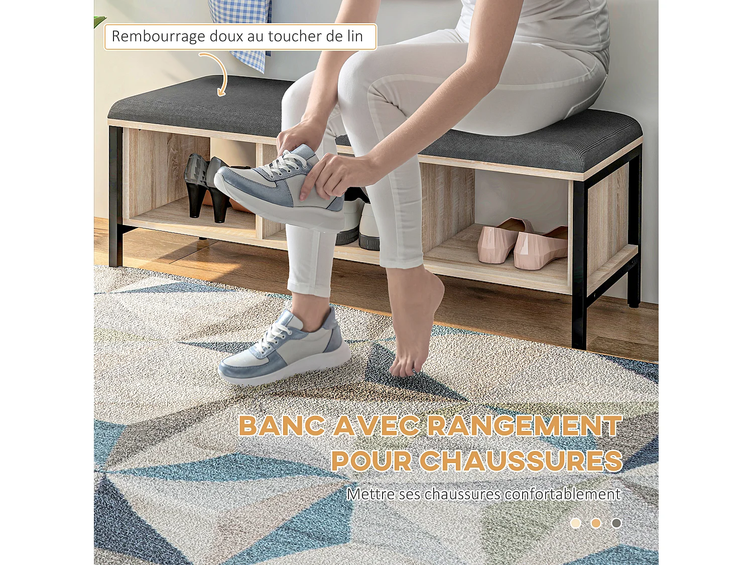 Porte-manteau mural vestiaire d'entrée banc à chaussures 3 compartiments 3 patères barre penderie acier noir aspect chêne clair