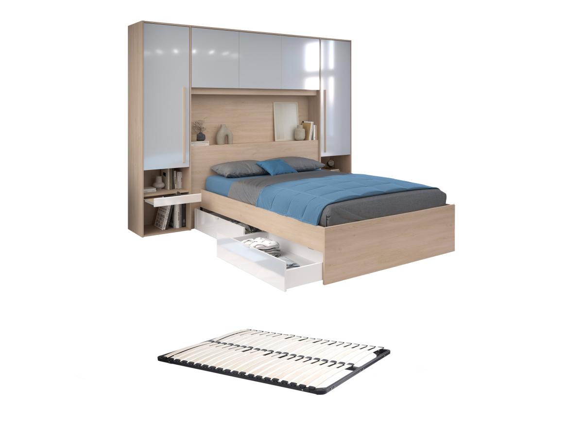 Bett mit Stauraum 140 x 190 cm mit LED-Beleuchtung + Lattenrost - Holzfarbe günstig online kaufen