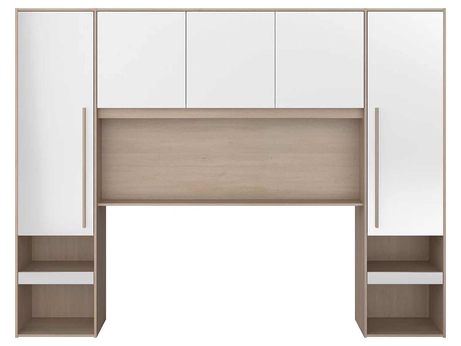 Lit pont 140 x 190 cm avec rangements - avec LEDs - Coloris : Naturel et blanc brillant + Sommier - VELONA