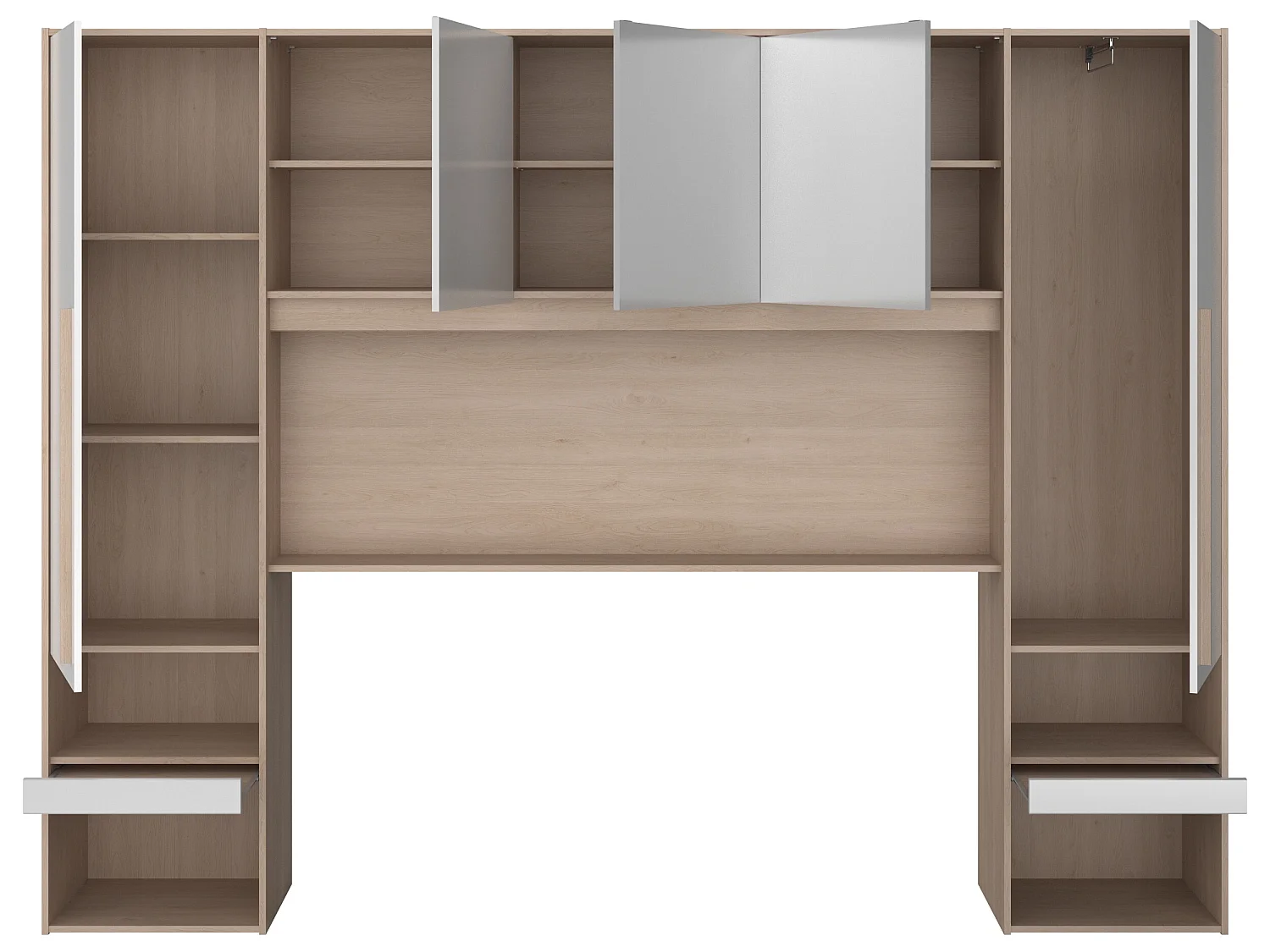 Lit pont 140 x 190 cm avec rangements - avec LEDs - Coloris : Naturel et blanc brillant + Sommier - VELONA