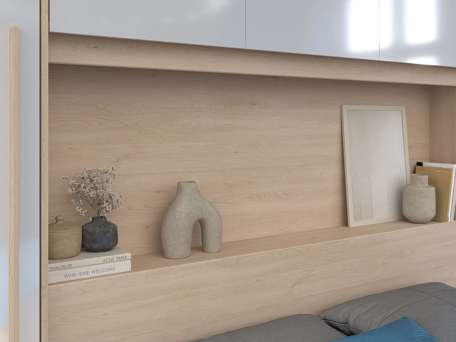 Lit pont 140 x 190 cm avec rangements - avec LEDs - Coloris : Naturel et blanc brillant + Sommier - VELONA