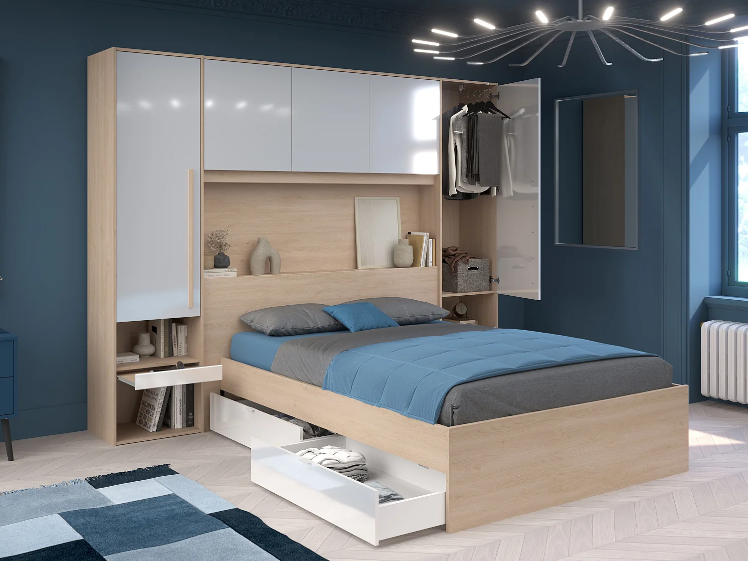 Lit pont 140 x 190 cm avec rangements - avec LEDs - Coloris : Naturel et blanc brillant + Sommier - VELONA