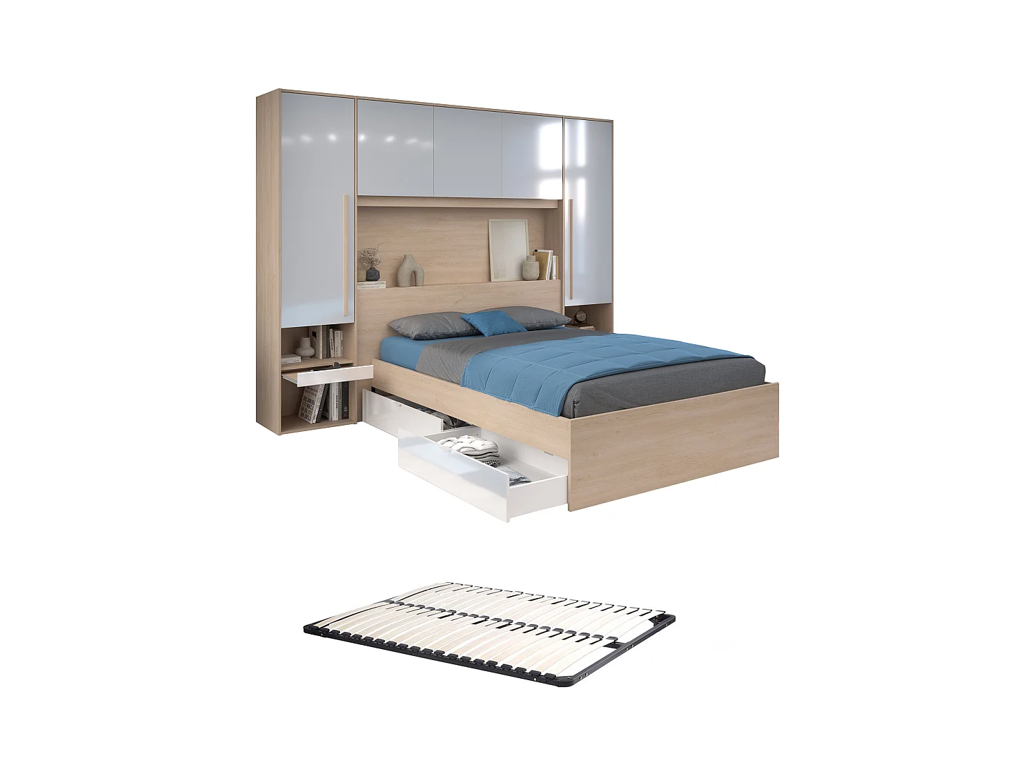 Bett mit Stauraum 140 x 190 cm mit LED-Beleuchtung + Lattenrost - Holzfarben & glänzend weiß - VELONA