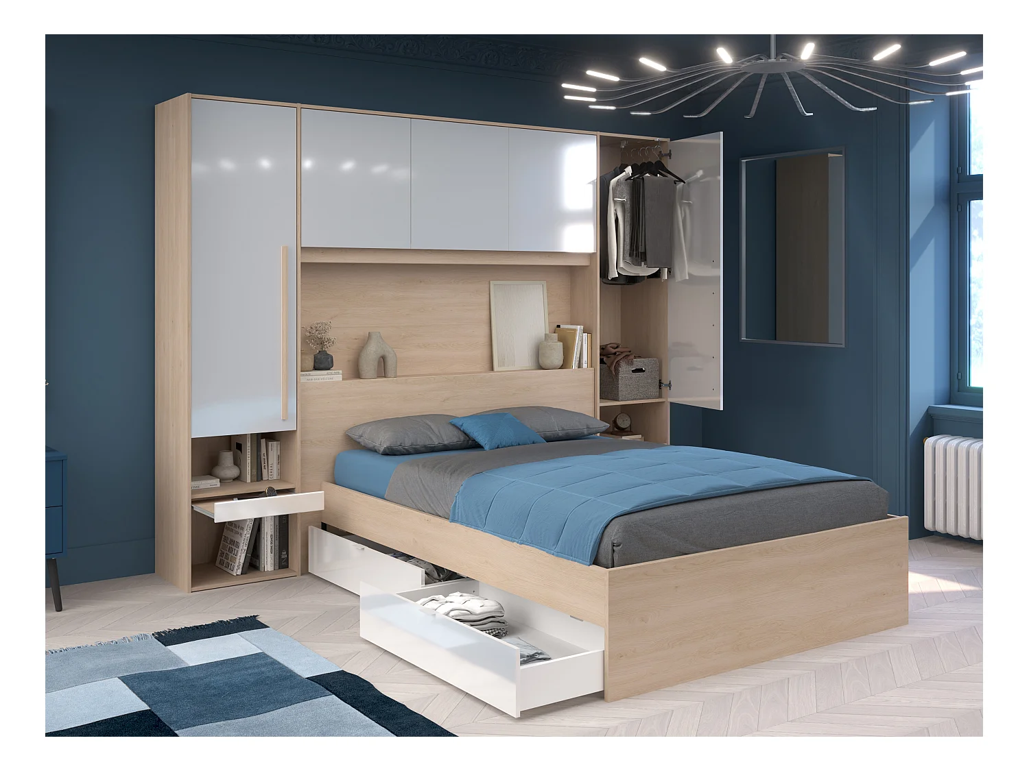 Bett mit Stauraum 140 x 190 cm mit LED-Beleuchtung + Lattenrost - Holzfarben & glänzend weiß - VELONA