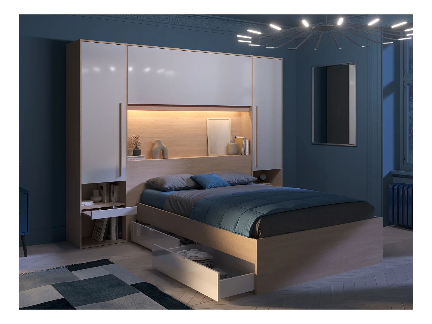Bett mit Stauraum 140 x 190 cm mit LED-Beleuchtung + Lattenrost - Holzfarben & glänzend weiß - VELONA