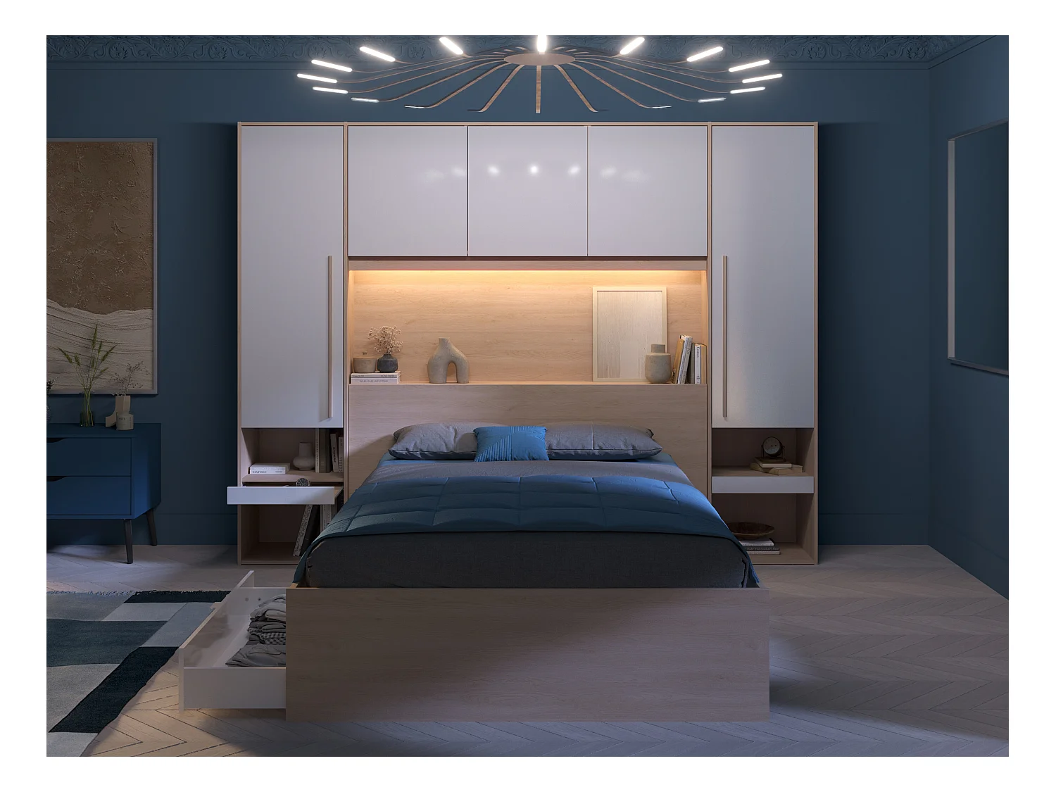 Bett mit Stauraum 140 x 190 cm mit LED-Beleuchtung + Lattenrost - Holzfarben & glänzend weiß - VELONA