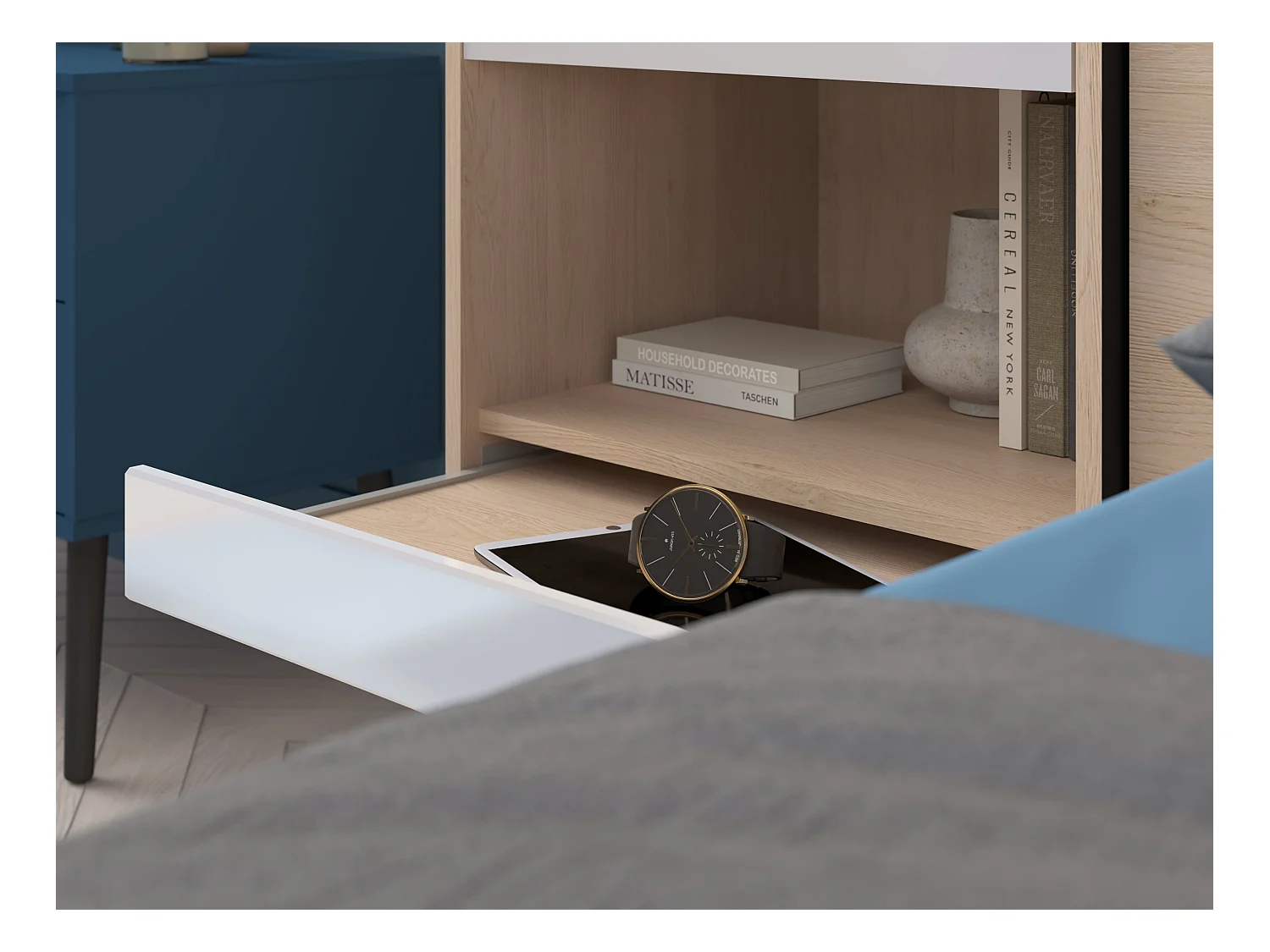 Bett mit Stauraum 140 x 190 cm mit LED-Beleuchtung + Lattenrost - Holzfarben & glänzend weiß - VELONA