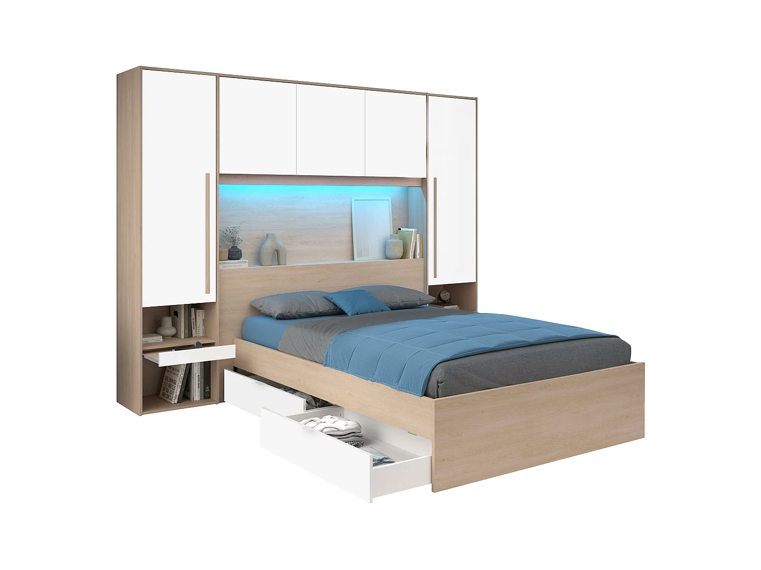 Bett mit Stauraum 140 x 190 cm mit LED-Beleuchtung + Lattenrost - Holzfarben & glänzend weiß - VELONA