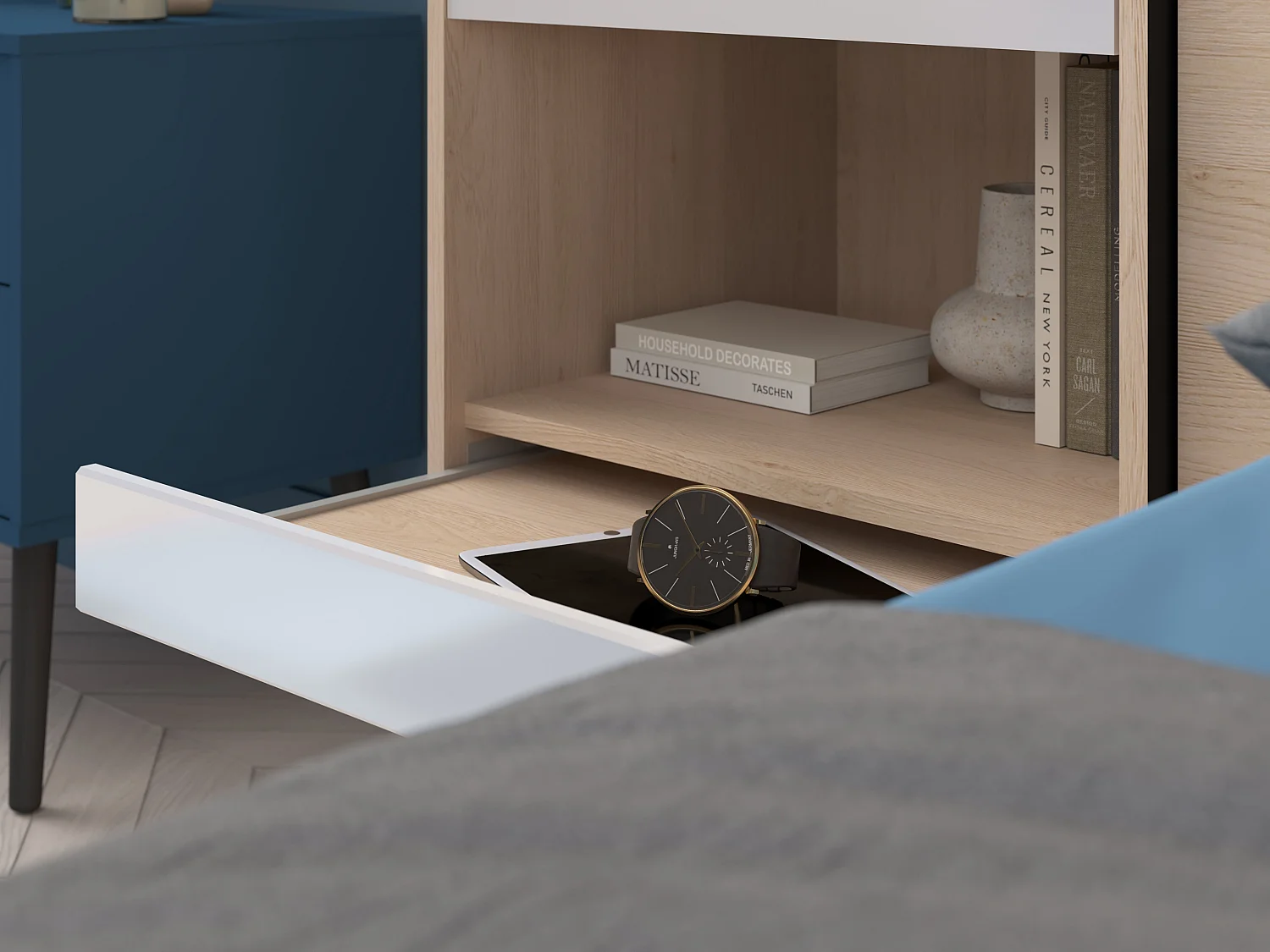 Letto con LED e vani portaoggetti 140 x 190 cm Naturale e Bianco lucido + Rete - VELONA