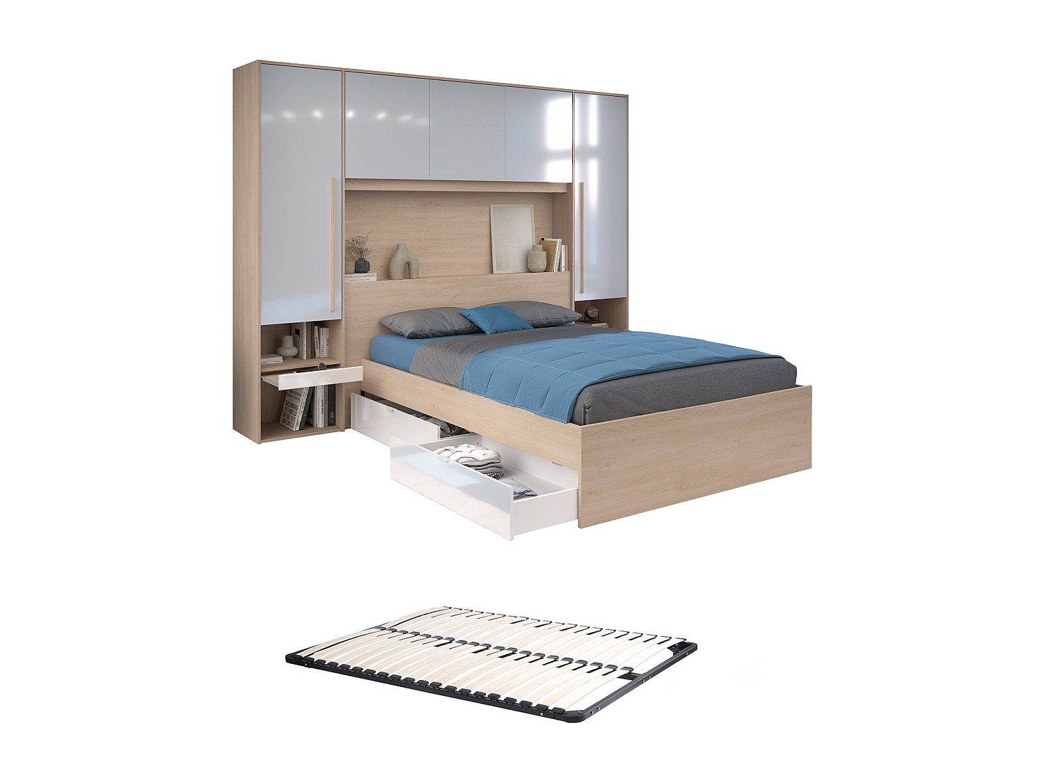 Bett mit Stauraum 140 x 190 cm mit LED-Beleuchtung + Lattenrost - Holzfarbe günstig online kaufen