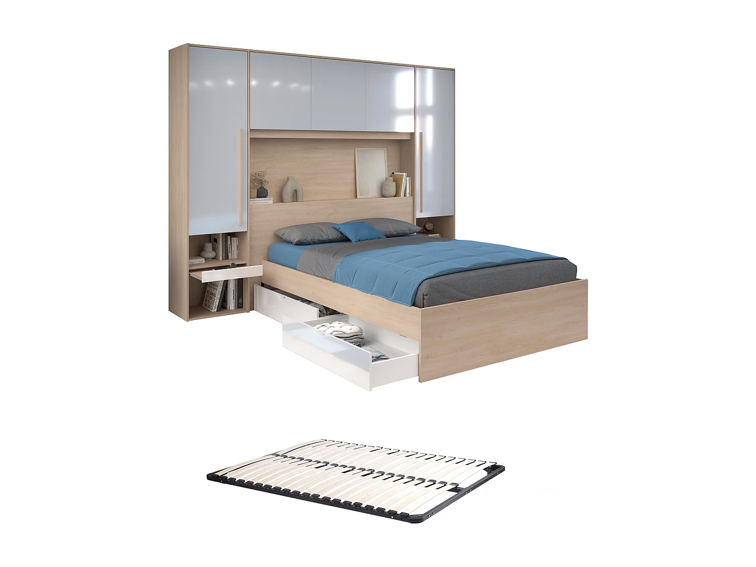 Letto con LED e vani portaoggetti 140 x 190 cm Naturale e Bianco lucido + Rete - VELONA