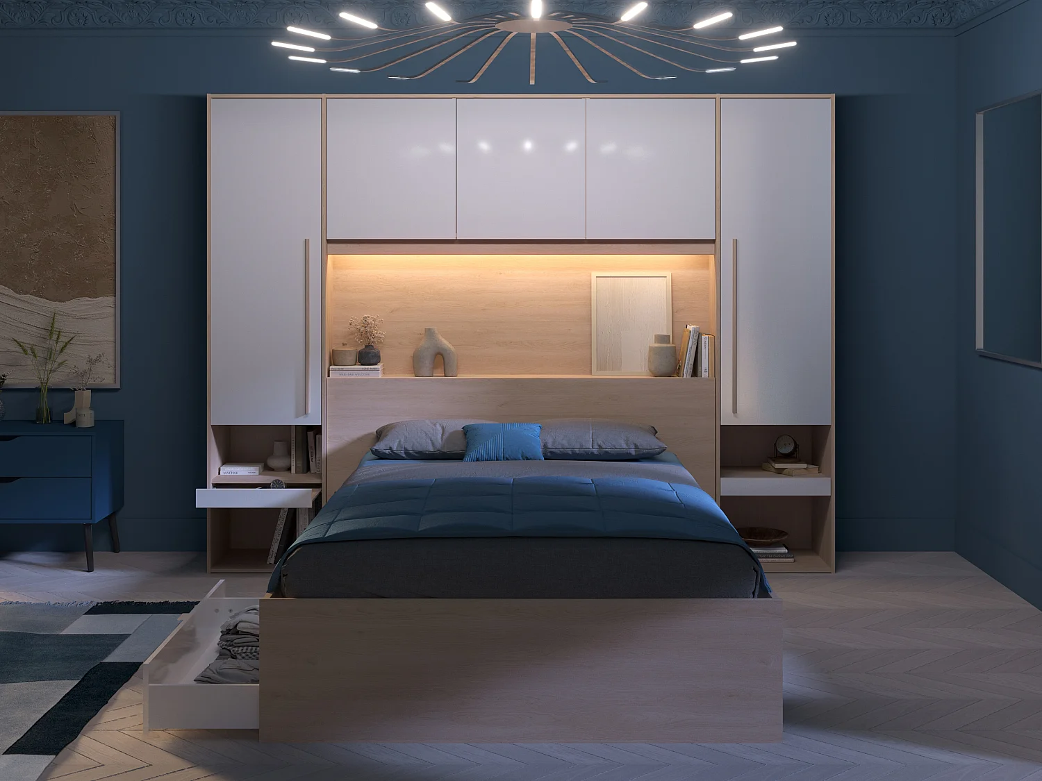 Letto con LED e vani portaoggetti 140 x 190 cm Naturale e Bianco lucido + Rete - VELONA