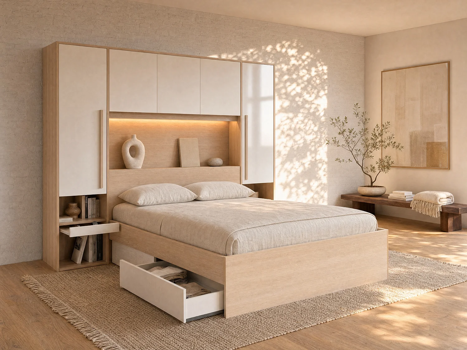 Seng med oppbevaring 140 × 190 cm med LED-lys, inkl. sengebunn, naturlig og hvit høyglans VELONA