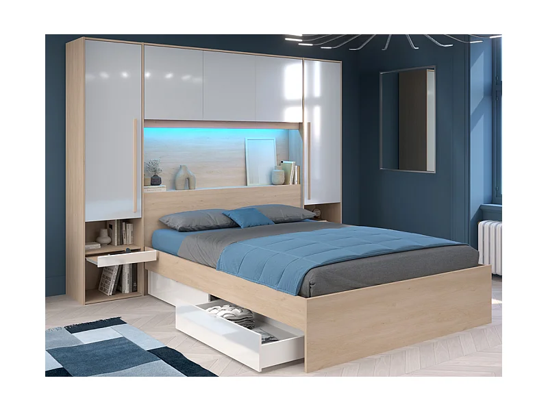 Bett mit Stauraum 160 x 200 cm mit LED-Beleuchtung + Lattenrost - Holzfarben & glänzend weiß - VELONA