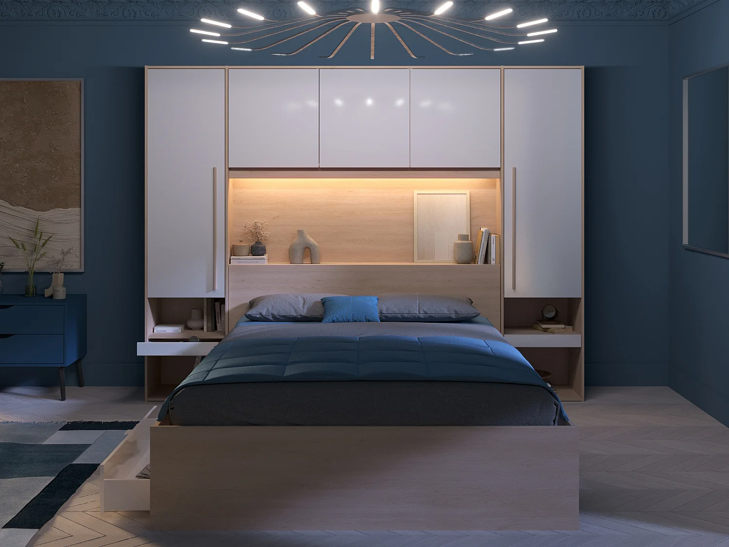Lit pont 160 x 200 cm avec rangements - avec LEDs - Coloris : Naturel et blanc brillant + Sommier - VELONA