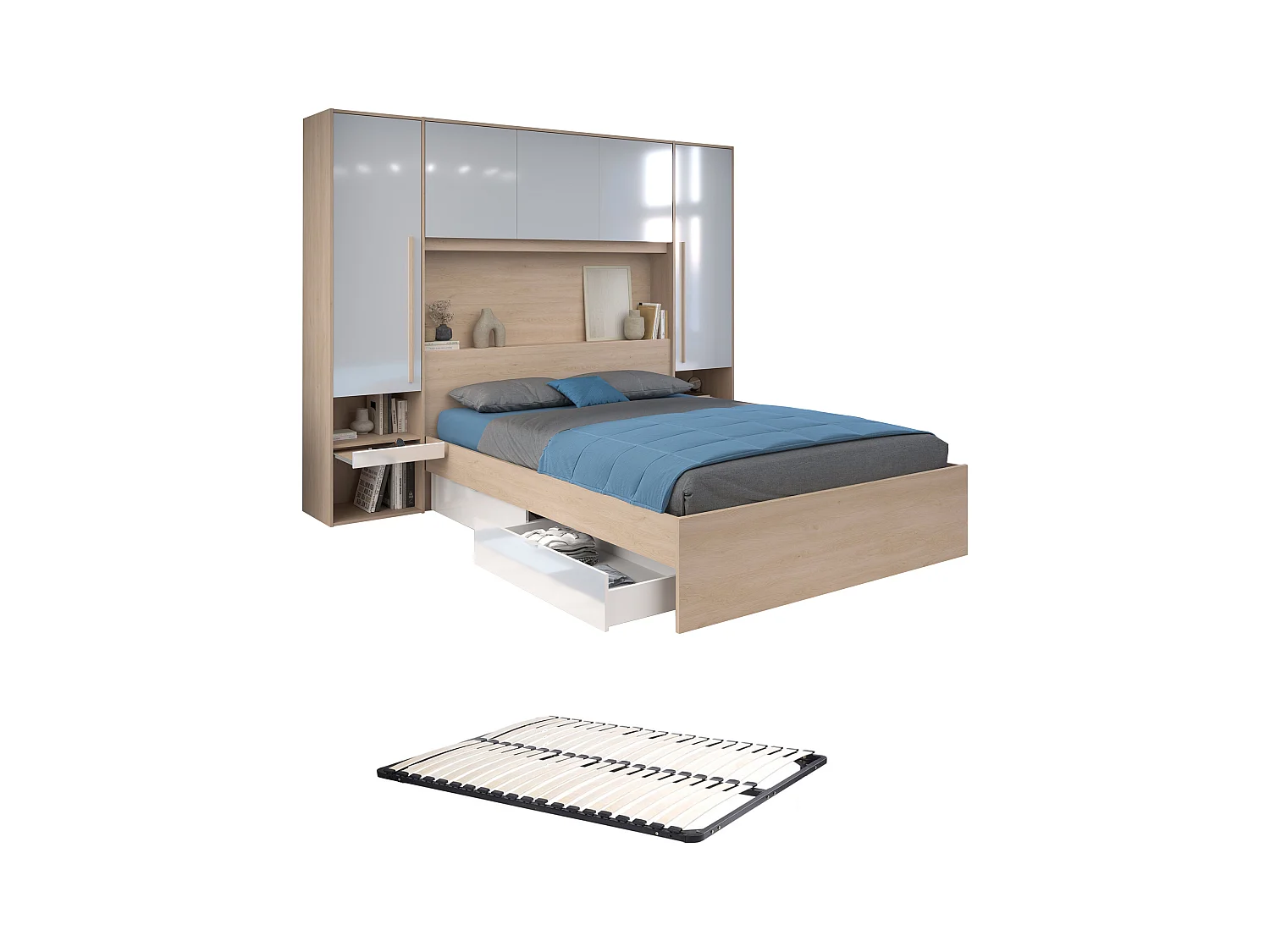 Cama ponte 160 x 200 cm com espaços de arrumação e LEDs cor natural e branco brilhante + estrado - VELONA