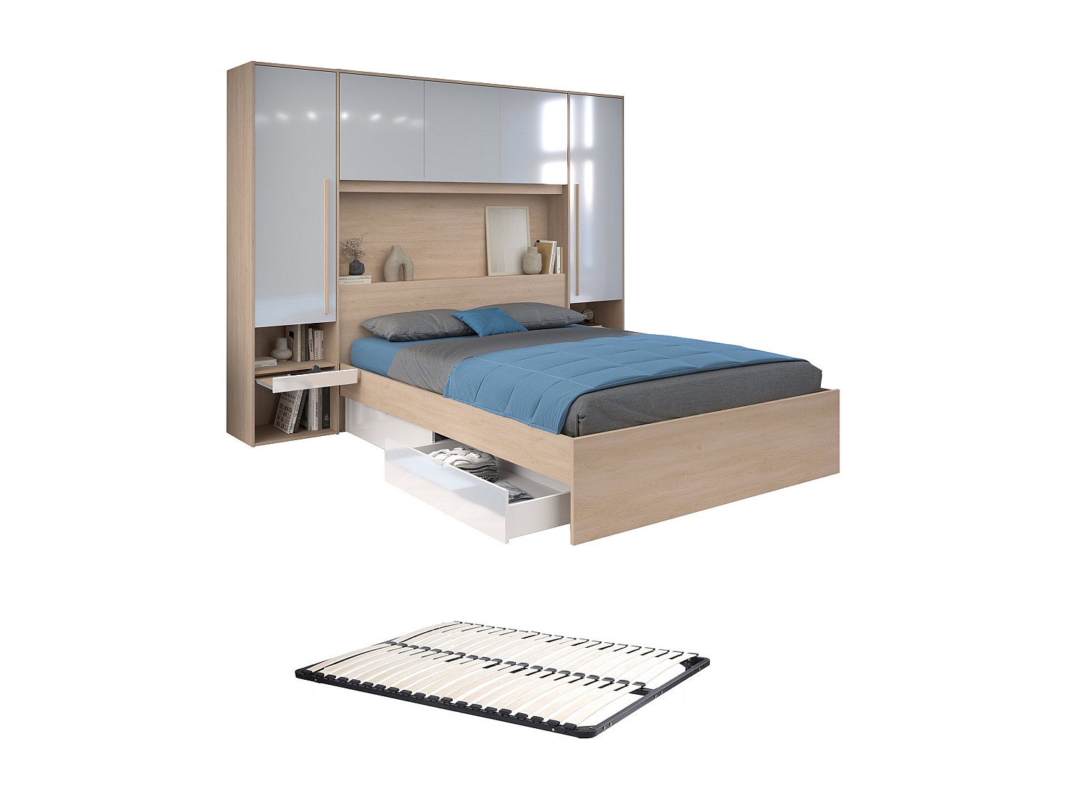 Bett mit Stauraum 160 x 200 cm mit LED-Beleuchtung + Lattenrost - Holzfarbe günstig online kaufen